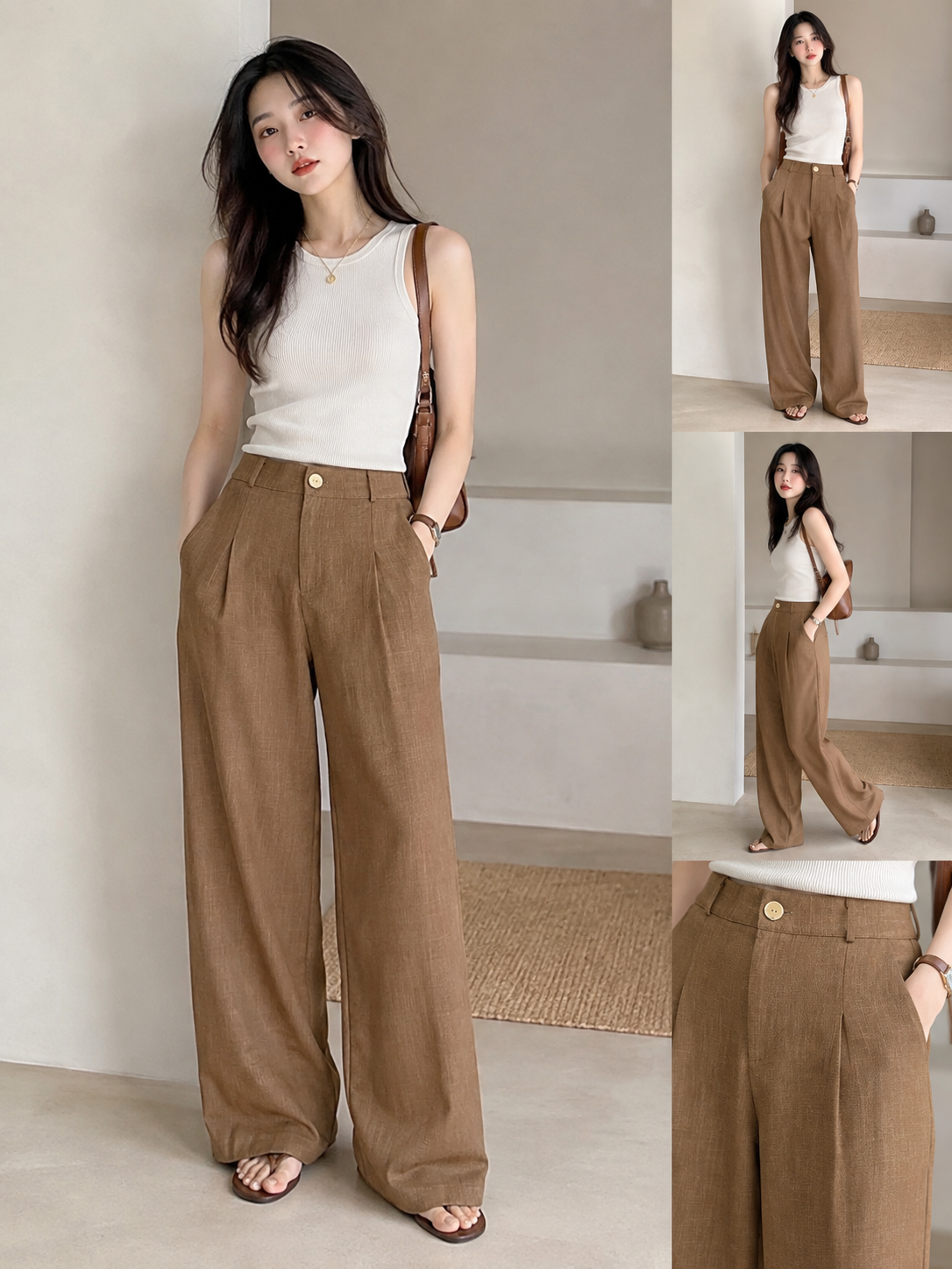 Women's Brown Linen Wide Leg Pleated Pants trousers